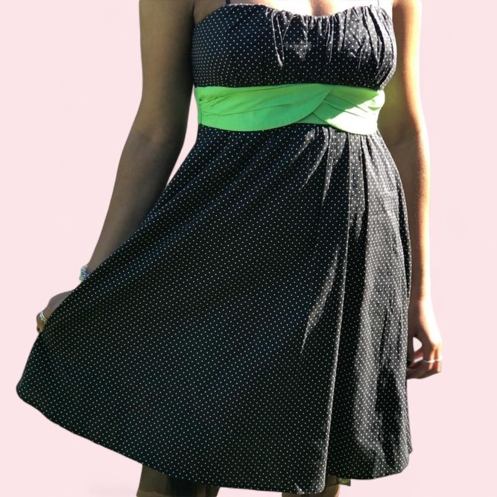 Vintage Prom Dress Black polka dot dress with green ribbon detail